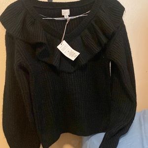 A New Day Black Sweater with Ruffled Neckline Size XS